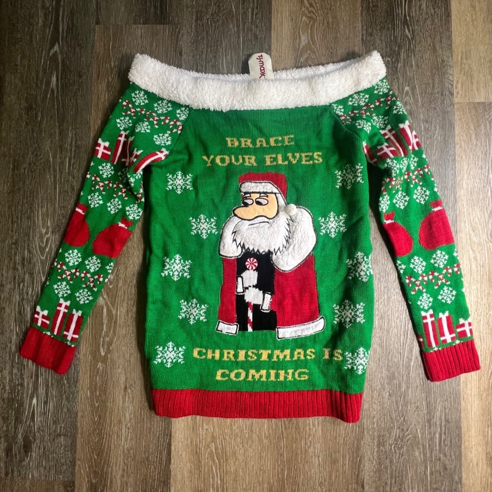 Derek Heart Ugly Christmas Sweater Womens L Green Brace Your Elves Off Shoulder